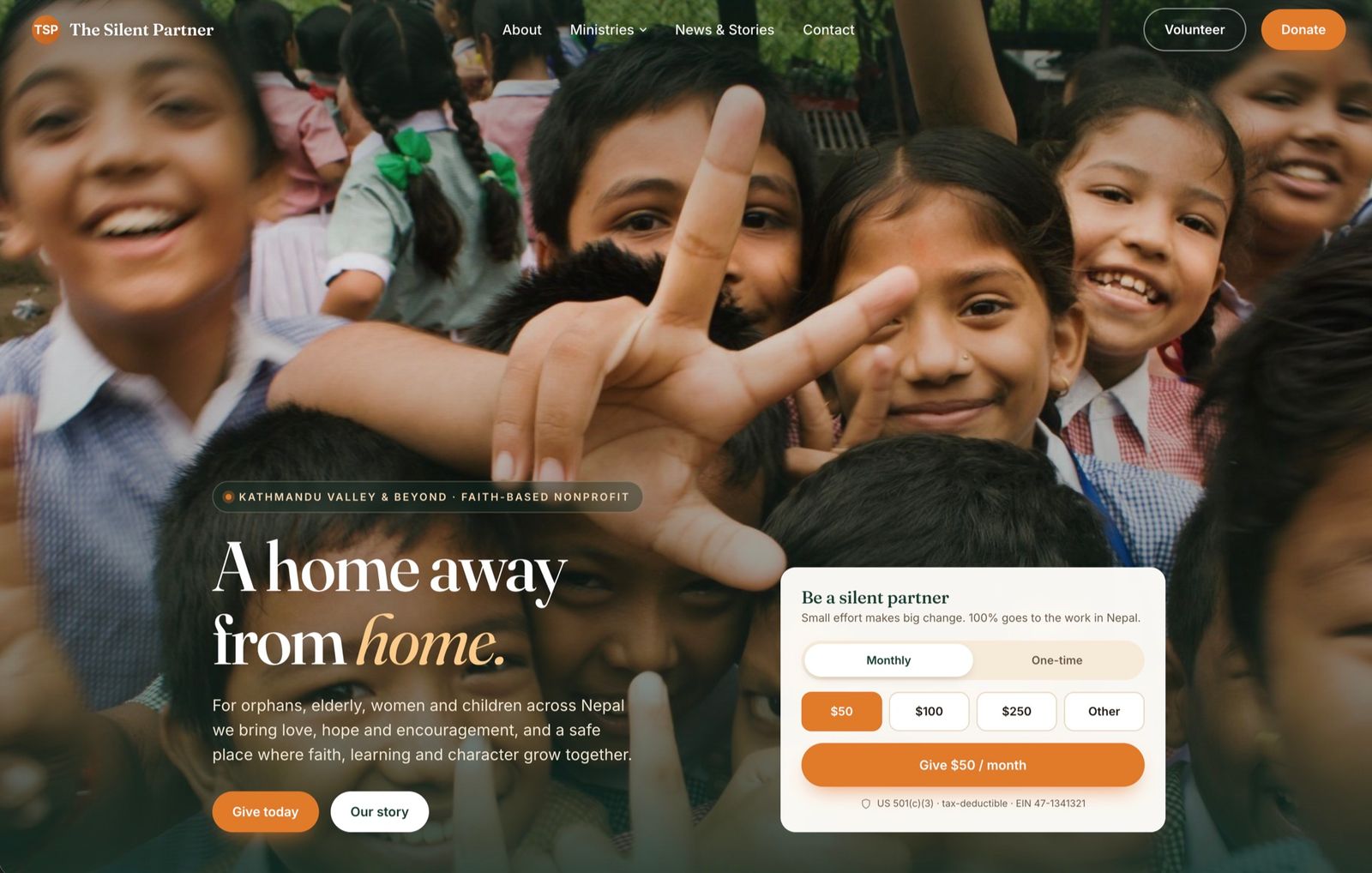 The Silent Partner homepage: smiling children behind the headline A home away from home, with a donation panel